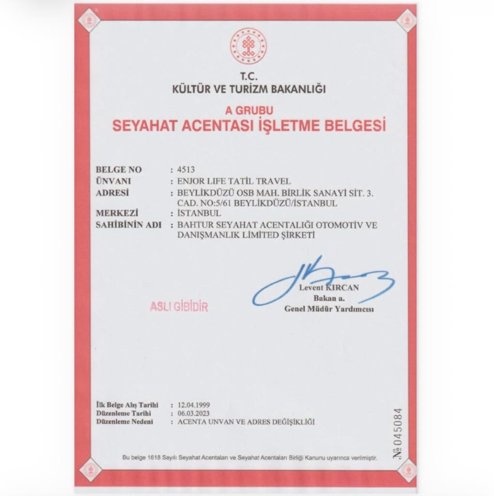 T.C. Kültür ve Turizm Bakanlığı A Grubu Seyahat Acentası İşletme Belgesi, belge no 4513